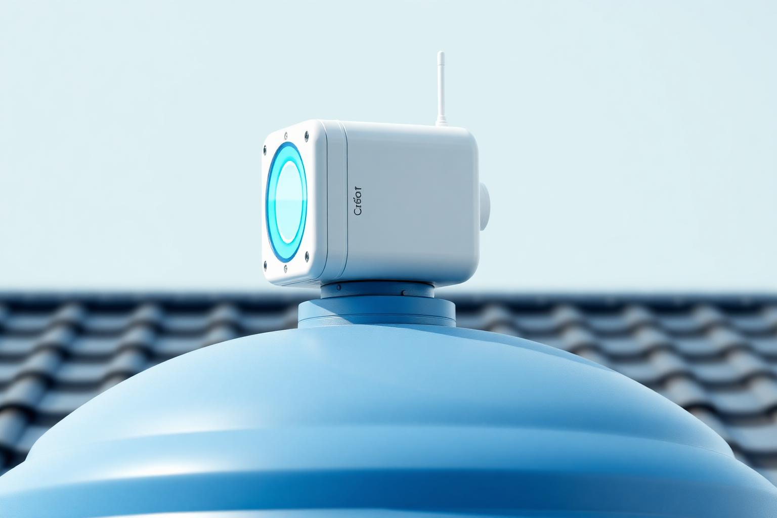 Sensor IoT Cronos instalado na tampa de uma caixa d'água azul