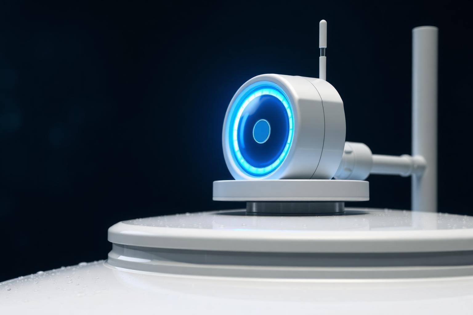 Close-up do sensor IoT Cronos com anel de LED azul aceso